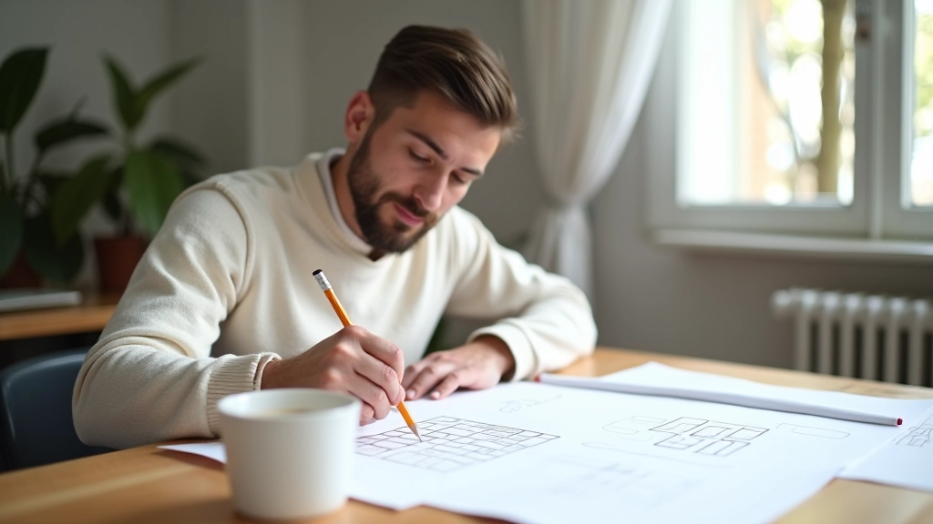 Designer che lavora su un progetto di layout con sketches e quaderni su una scrivania luminosa
