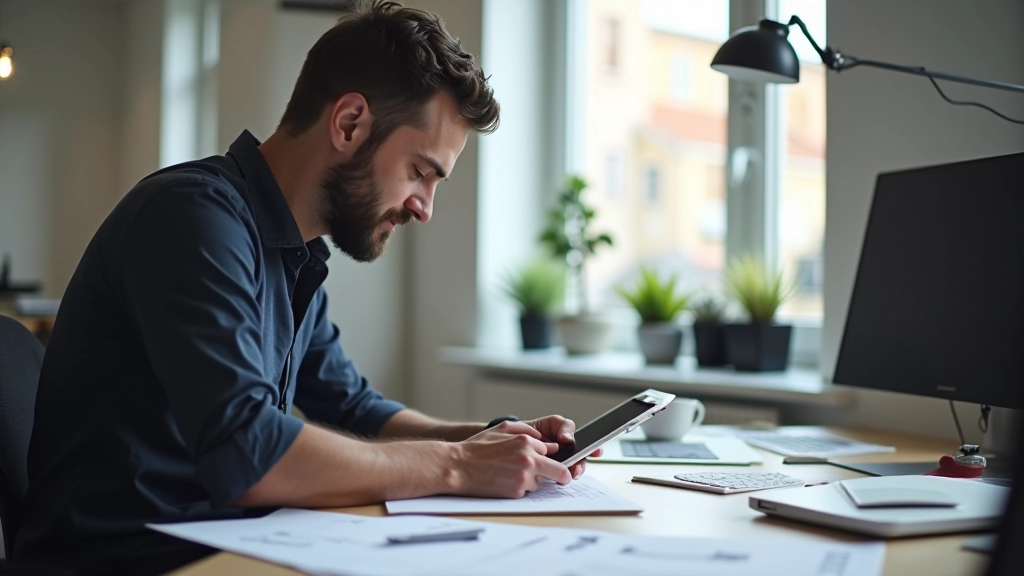 Professionista di design che lavora su un progetto di layout con tablet e sketches