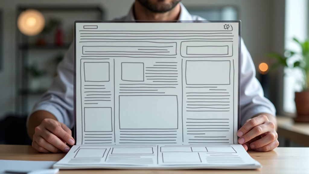 Prototipo di layout magazine con sezioni diverse chiaramente separate, header, sidebar, articoli principali e footer disposti geometricamente