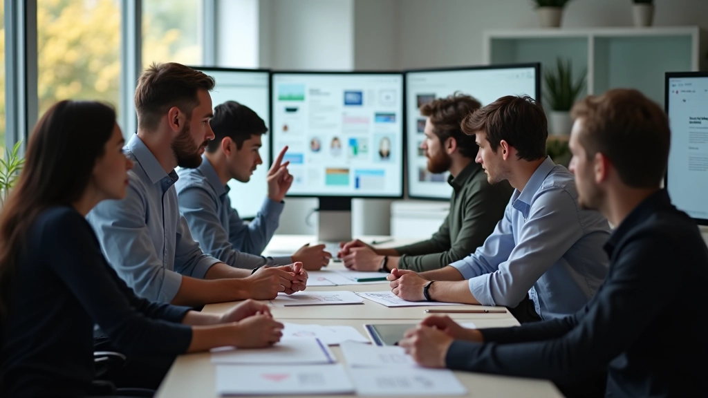Team di designer e developer che collaborano in uno spazio di lavoro moderno, con schermi e strumenti di progettazione