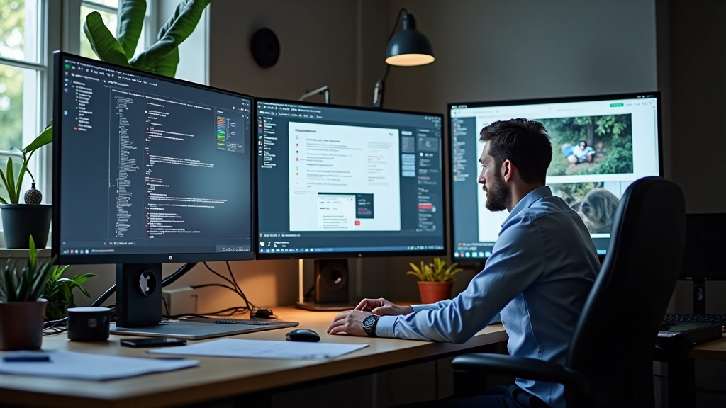 Workspace con monitor che mostrano layout web moderni